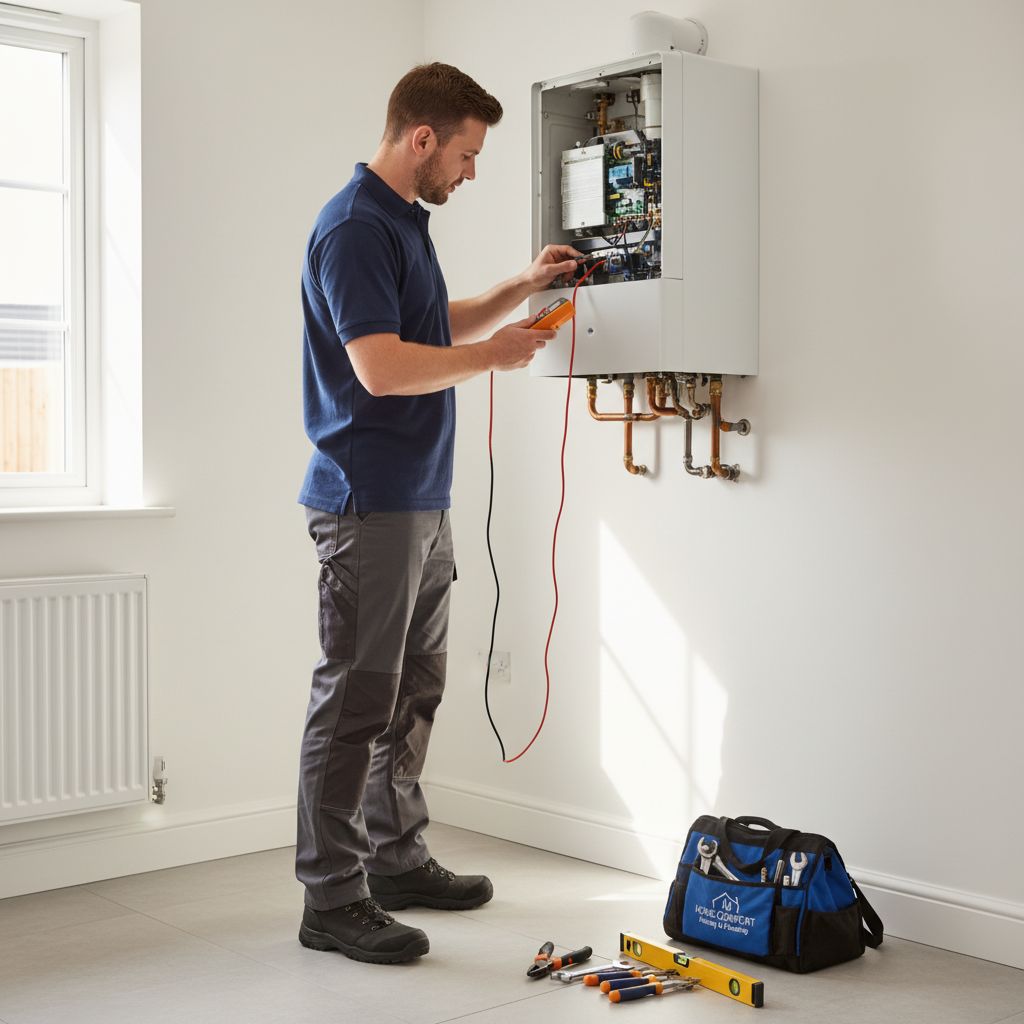 Heating engineer repairing boiler in East Sussex